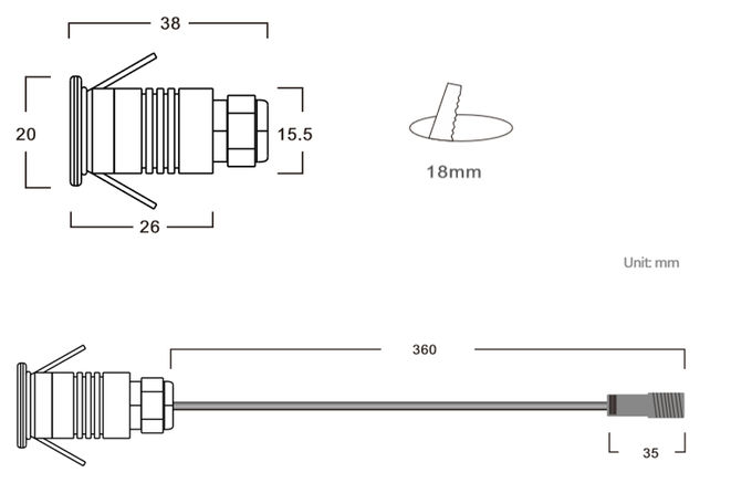 স্টেইনলেস স্টীল মিনি বহিরঙ্গন নেতৃত্বে ভূগর্ভস্থ আলো, 1W / IP67 / DC12V / Cutout 18mm