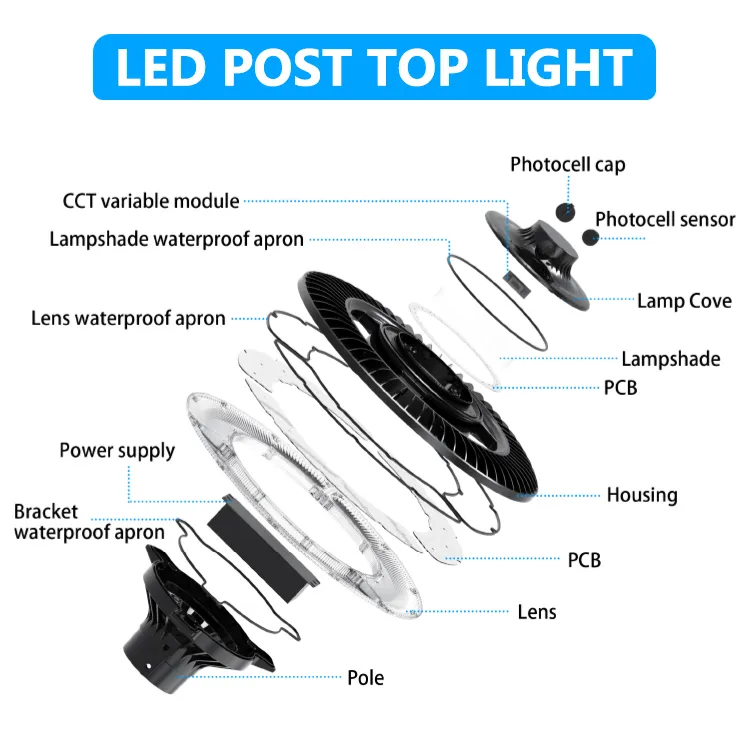 LED বাগান আলো নিয়মিত 150W আইপি 65 অন্তর্নির্মিত জলরোধী 130lm / W গোলাকার কালো উঠোন পার্ক ইয়ার্ড পোস্ট শীর্ষ 3